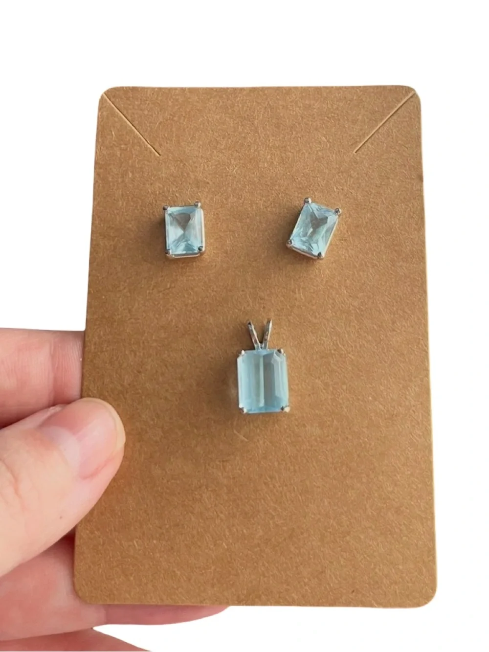 14K White Gold Blue Gemstone Emerald Cut Stud Earrings Pendant 3 pc Jewelry Set